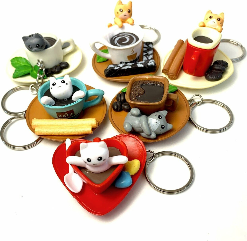 12051 Cat Cafe Key Charm With Keyring. 6 Assorted Designs.