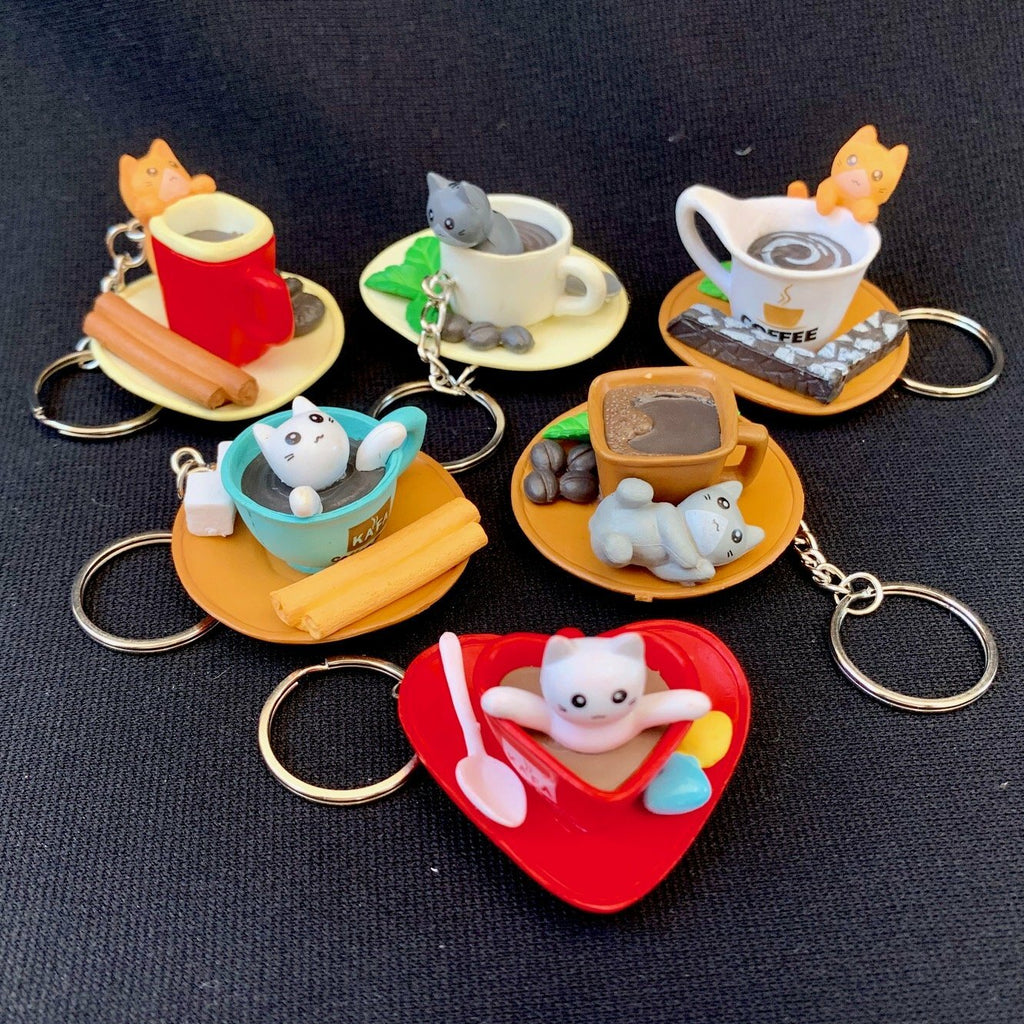 12051 Cat Cafe Key Charm With Keyring. 6 Assorted Designs.