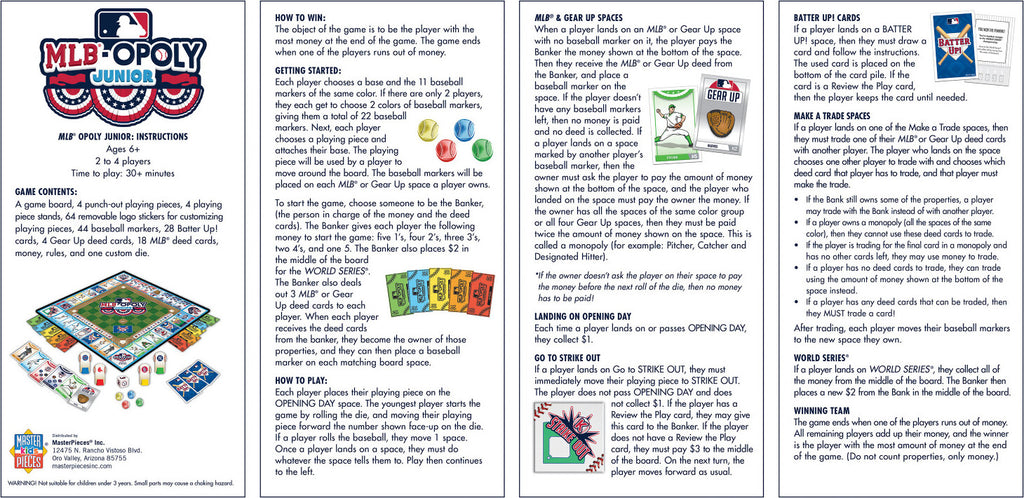 MLB Opoly Jr Board Game