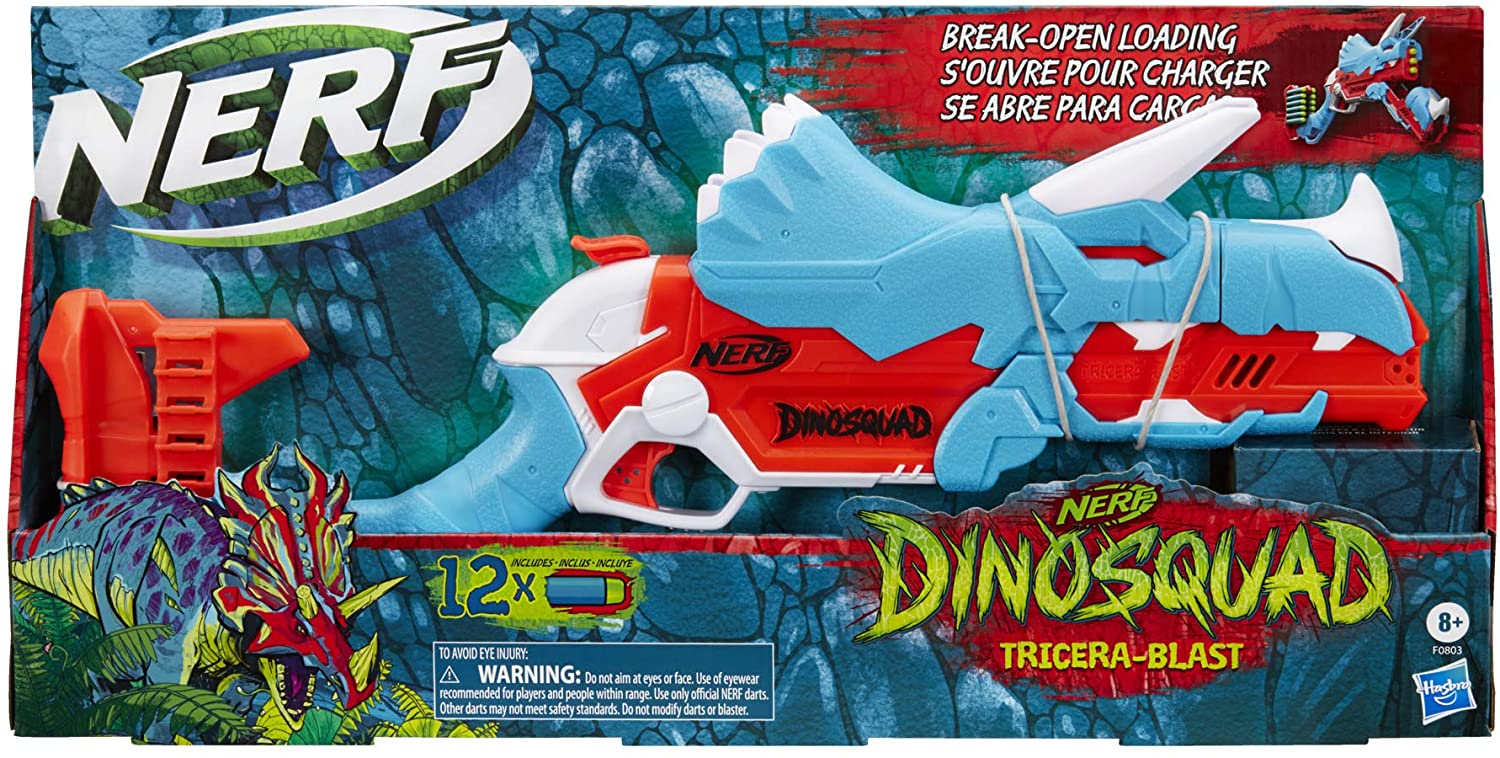 Nerf DinoSquad Tricera-blast Blaster, Break-Open 3-Dart Loading, 12 Nerf  Darts, Dart Storage, Triceratops Dinosaur Design - Nerf